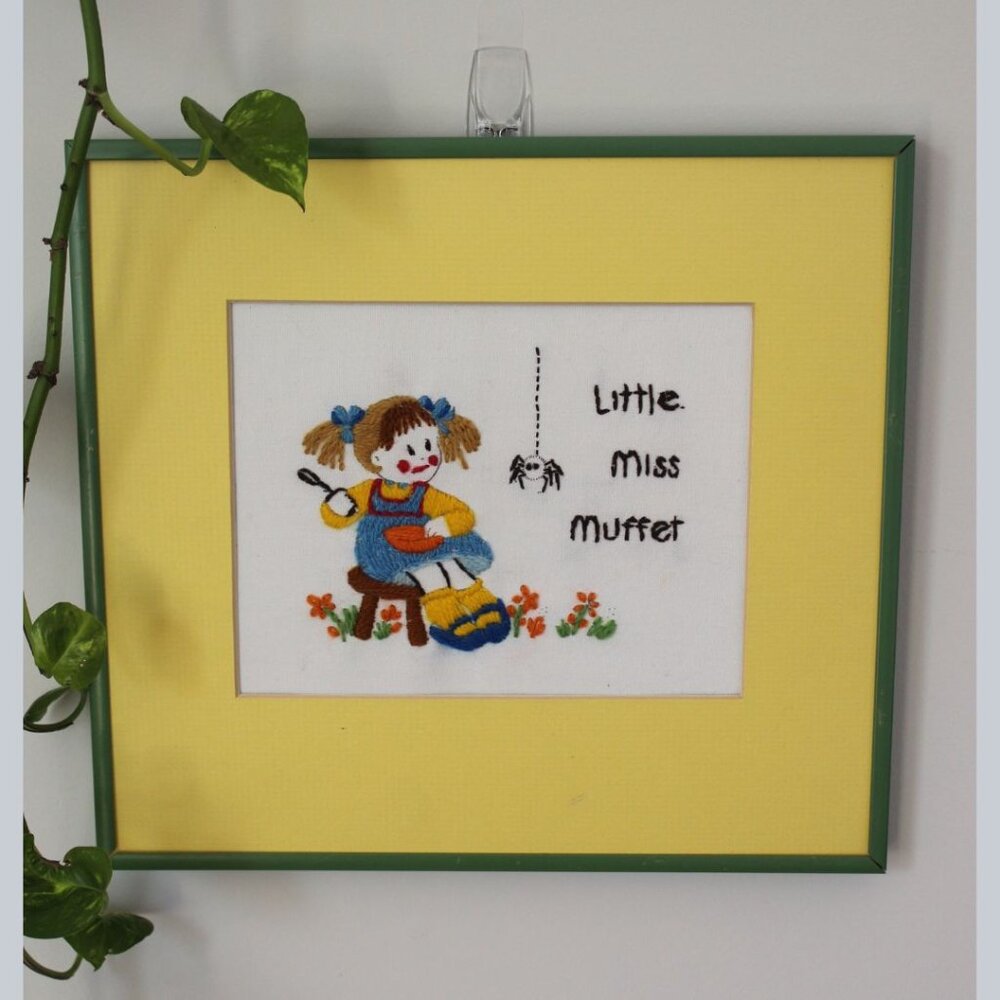Vintage Kids Ryhme Miss Muffet Embroidered Frame Art / Nursery Decor/Kids